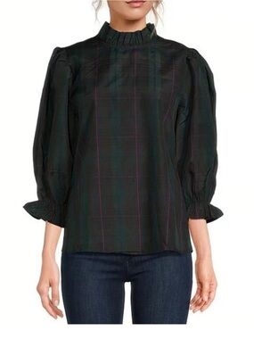 J. Marie Katrina Ruffle Mock Neck Back Bow Tie Long Sleeve Top Tartan Plaid